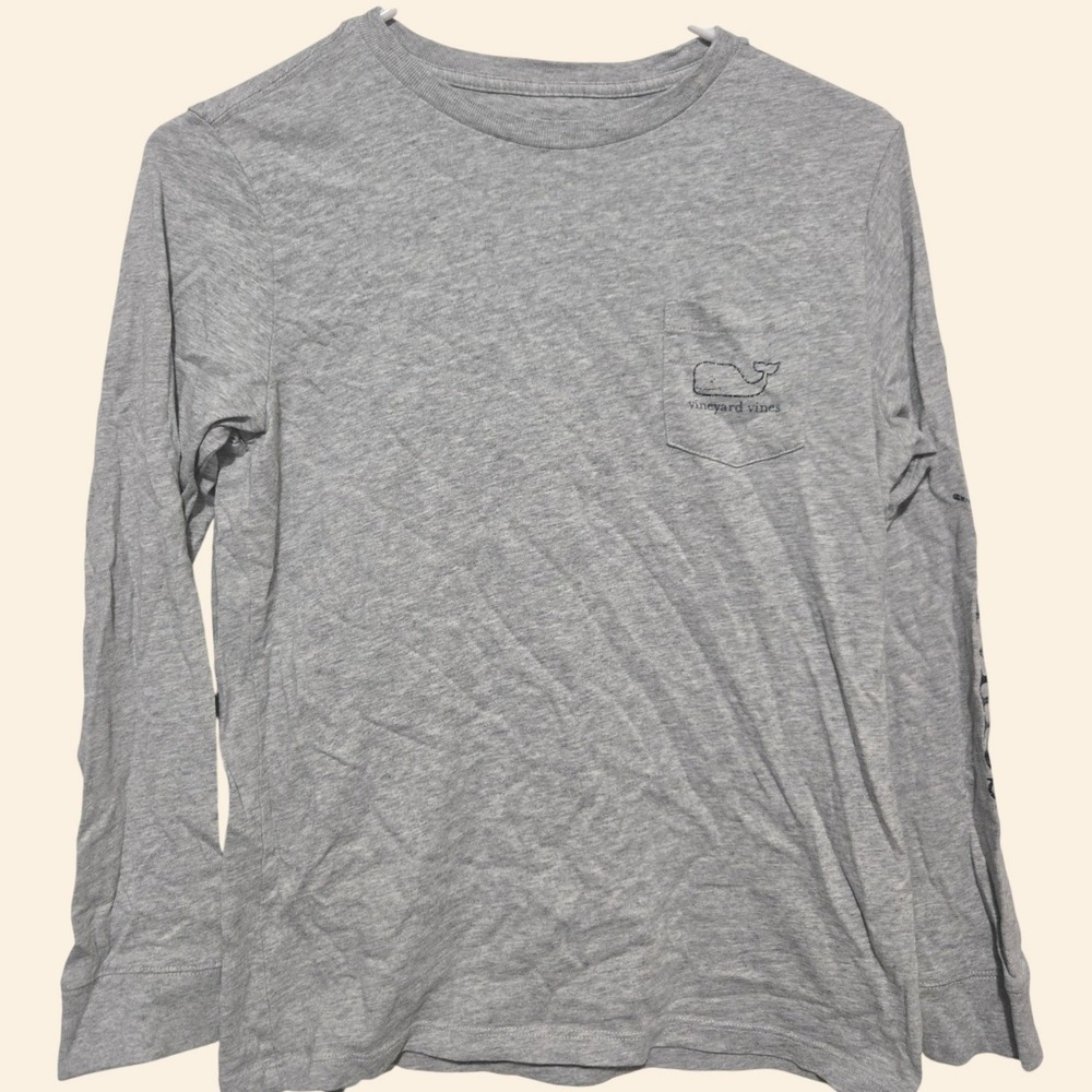 Vineyard Vines Boys Gray Long Sleeve Whale Pocket T-Shirt Size M 12-14
